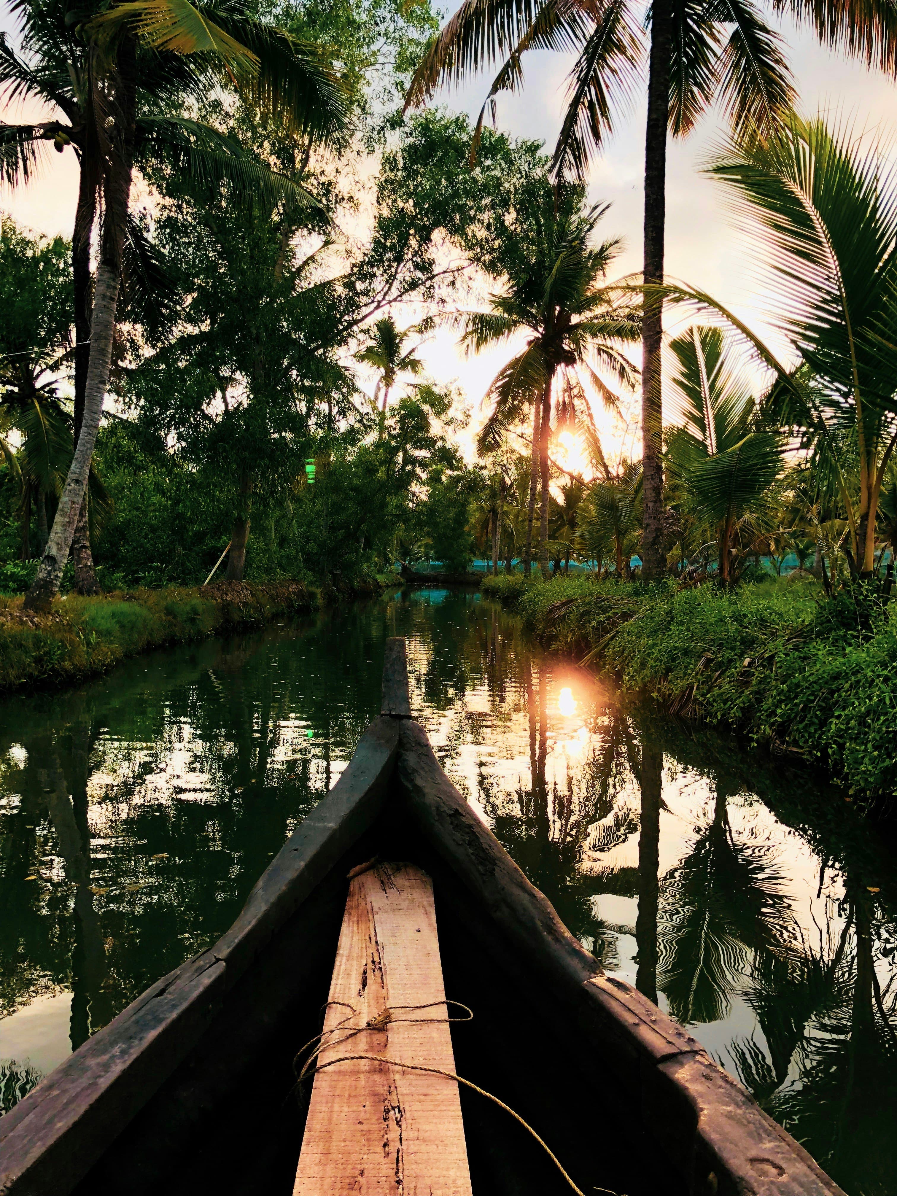 A wooden boat resting on the still, golden waters of a Kerala backwater at sunset